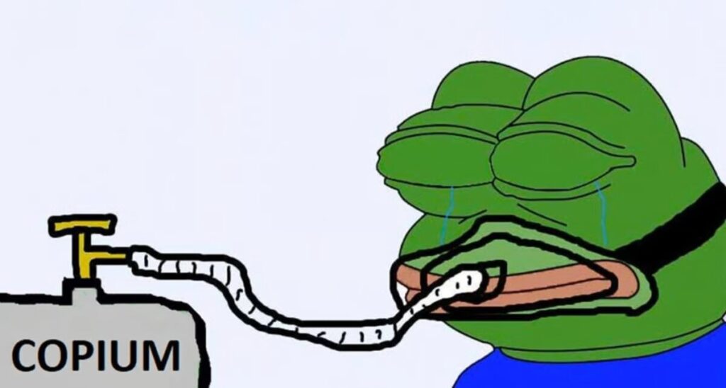 Pepe the Frog hooked to a tank filled with copium