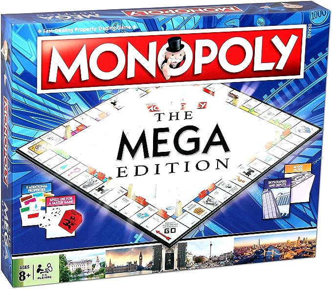 Winning Moves Mega Monopoly Board Game, an upgrade on the classic game board with 12 extra spaces including Downing Street, Saville Row and Knightsbridge, Invest in Skyscrapers, for ages 8 plus