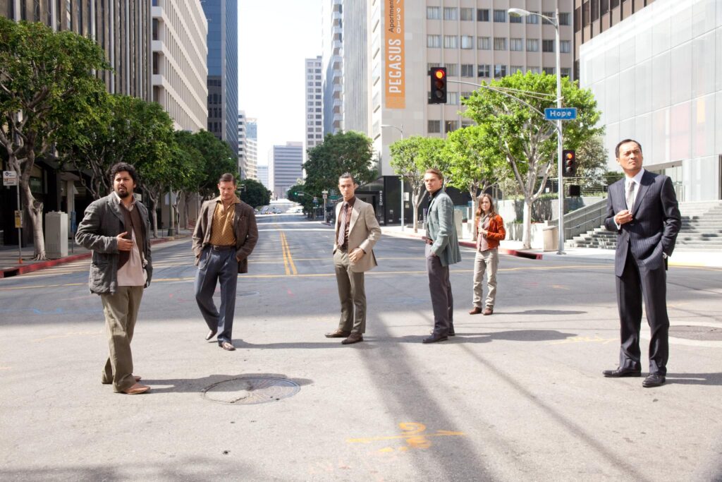 Leonardo DiCaprio, Joseph Gordon-Levitt, Tom Hardy, Elliot Page, Ken Watanabe, and Dileep Rao in Inception (2010)